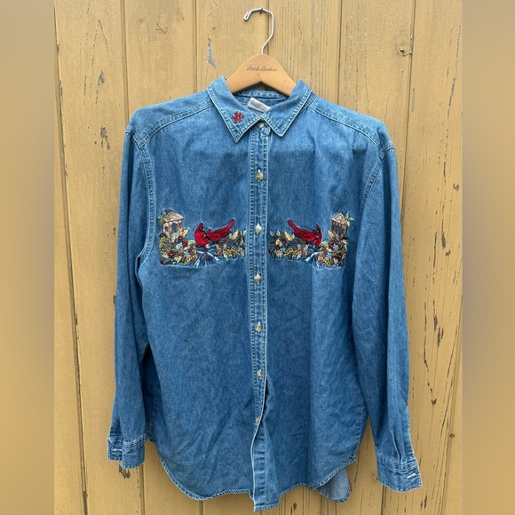Vtg Denim Shirt with Cardinal Embroidery L - Picture 1 of 4